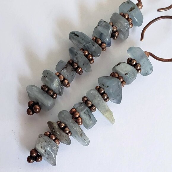 Matte KYANITE Linear Earrings in solid Copper Rustic Tribal Boho Stick - Picture 2 of 7
